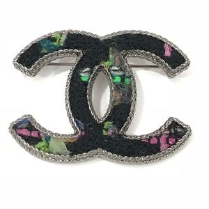 CHANEL Auth Large CC Brooch Metal Tweed